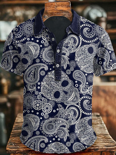 Halloween Retro Abstract Skull Print Casual Short Sleeve Polo Shirt