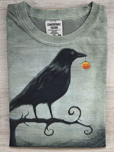 Halloween Raven Print Casual Short Sleeve T-Shirt