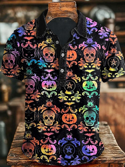 Halloween Colorful Pumpkin Print Casual Short Sleeve Polo Shirt