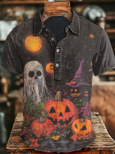 Halloween Evil Pumpkin Ghost Print Casual Short Sleeve Polo Shirt