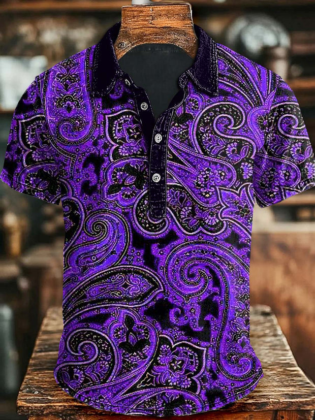 Vintage Paisley Floral Print Casual Short Sleeve Polo Shirt