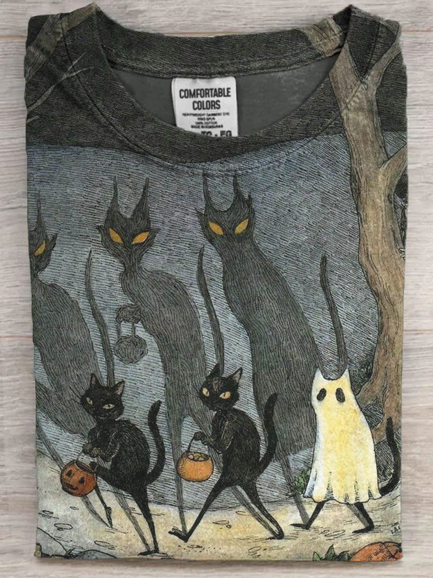 Halloween Abstract Black Cat Print Casual Short Sleeve T-Shirt