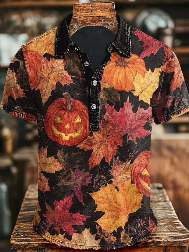 Halloween Maple Leaf Fall Evil Pumpkin Print Casual Short Sleeve Polo Shirt