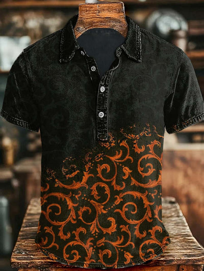 Vintage Gradient Floral Print Casual Short Sleeve Polo Shirt