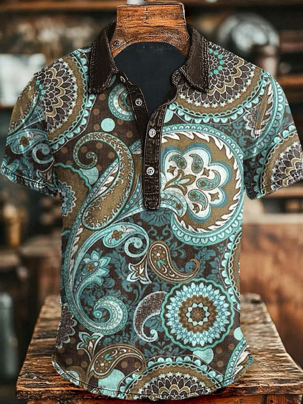Vintage Paisley Floral Print Casual Short Sleeve Polo Shirt