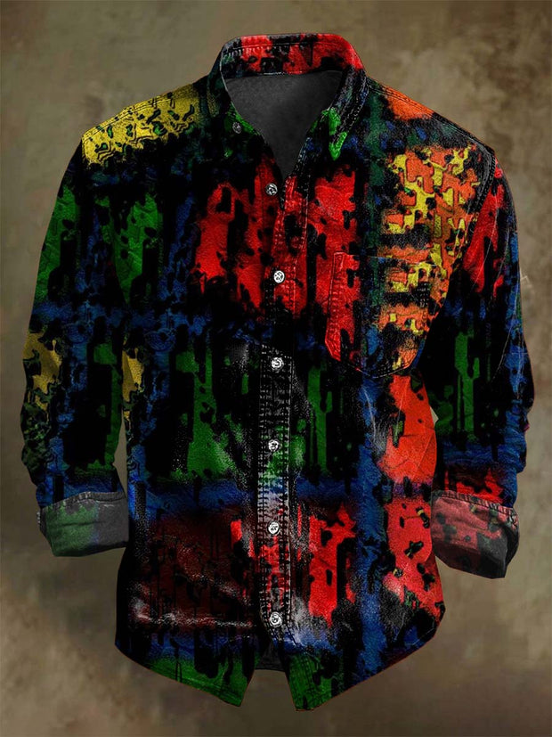 Vintage Color Clash Art Print Casual Long Sleeve Shirt