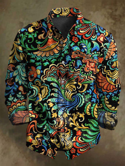Vintage Paisley Floral Print Casual Long Sleeve Shirt