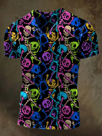 Halloween Colorful Skull Print Casual Short Sleeve T-Shirt