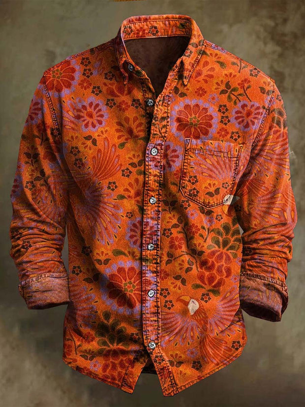 Vintage Floral Print Casual Long Sleeve Shirt