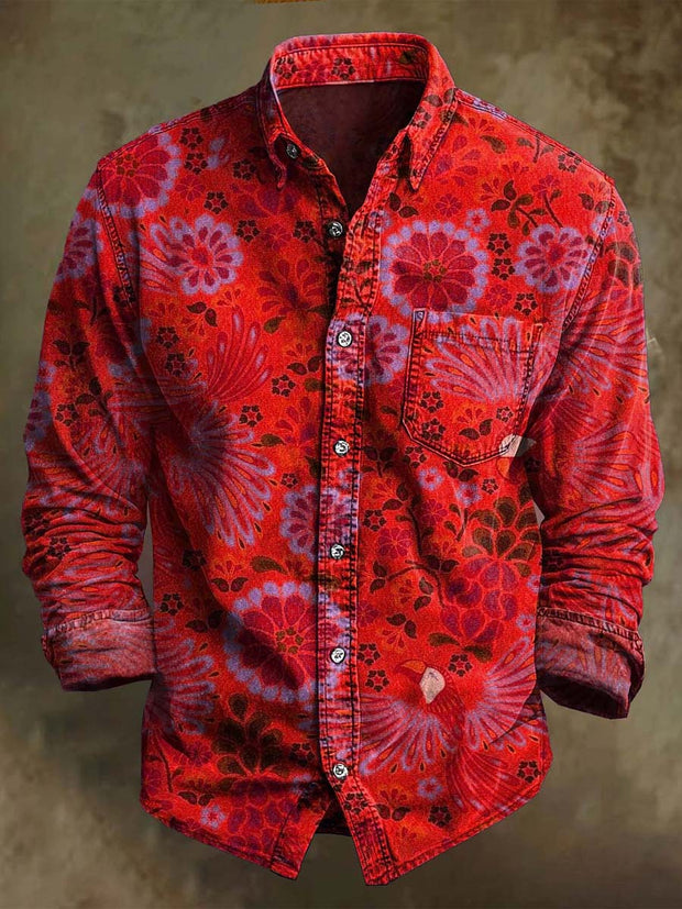 Vintage Floral Print Casual Long Sleeve Shirt