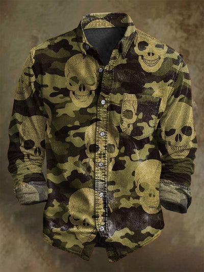 Vintage Camouflage Skull Print Casual Long Sleeve Shirt
