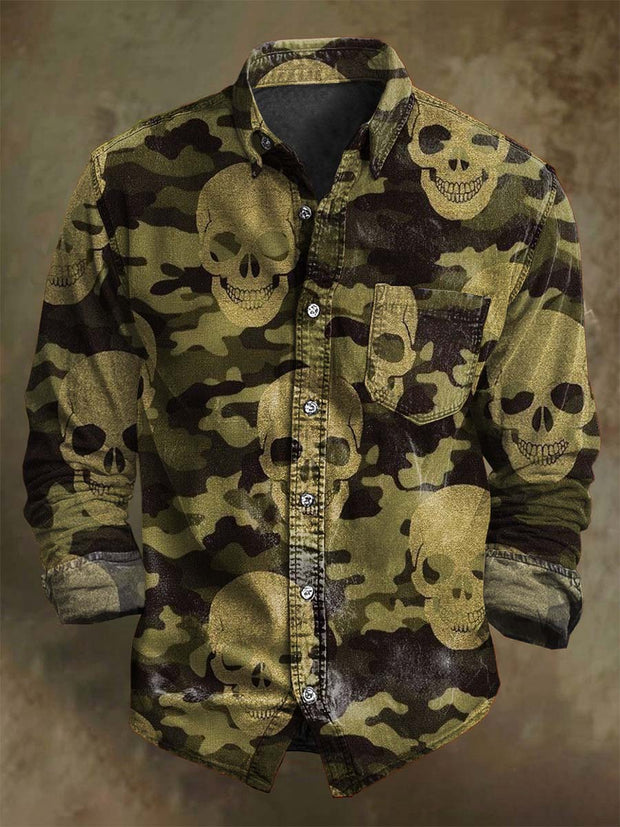 Vintage Camouflage Skull Print Casual Long Sleeve Shirt