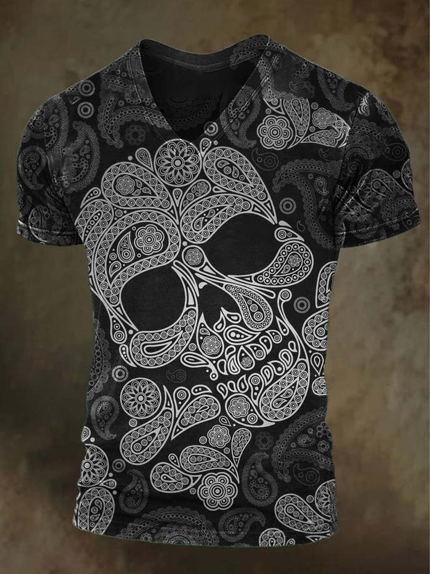 Vintage Paisley Abstract Skull Print Casual Short Sleeve T-Shirt