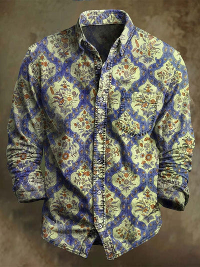 Vintage Geometric Art Floral Print Casual Long Sleeve Shirt