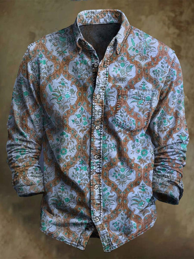 Vintage Geometric Art Floral Print Casual Long Sleeve Shirt