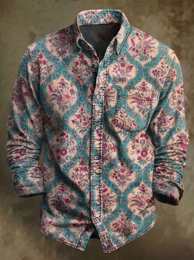 Vintage Geometric Art Floral Print Casual Long Sleeve Shirt