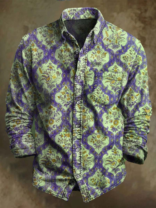 Vintage Geometric Art Floral Print Casual Long Sleeve Shirt