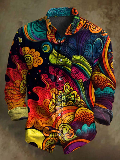 Vintage Colorful Abstract Floral Print Casual Long Sleeve Shirt