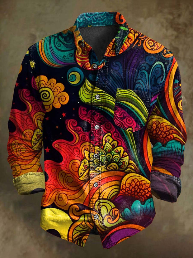 Vintage Colorful Abstract Floral Print Casual Long Sleeve Shirt