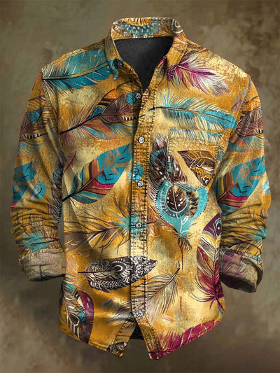 Vintage Tribal Feather Print Casual Long Sleeve Shirt