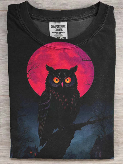 Halloween Midnight Owl Print Casual Short Sleeve T-Shirt