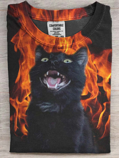 Halloween Roaring Black Cat Print Casual Short Sleeve T-Shirt