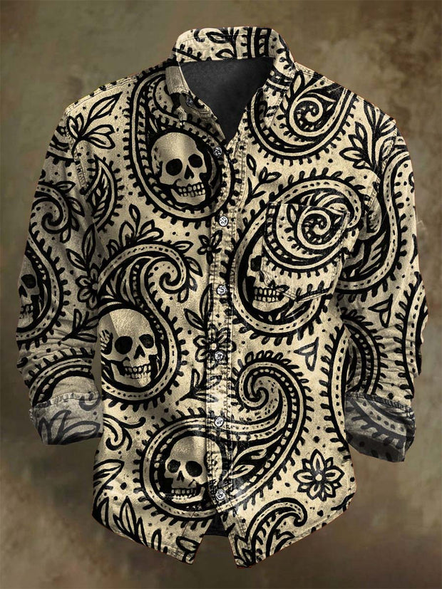 Vintage Paisley Skull Print Casual Long Sleeve Shirt