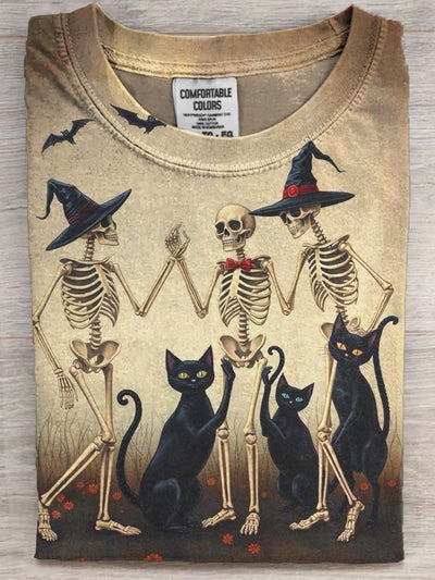 Halloween Fun Skull Black Cat Print Casual Short Sleeve T-Shirt