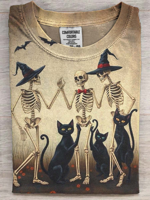 Halloween Fun Skull Black Cat Print Casual Short Sleeve T-Shirt