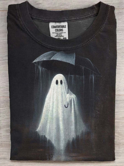 Halloween Ghost with Umbrella Print Casual Short Sleeve T-Shirt