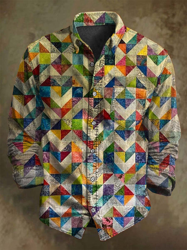 Vintage Colorful Irregular Geometric Print Casual Long Sleeve Shirt