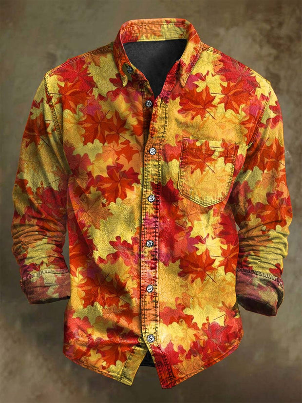 Vintage Fall Maple Leaf Print Casual Long Sleeve Shirt