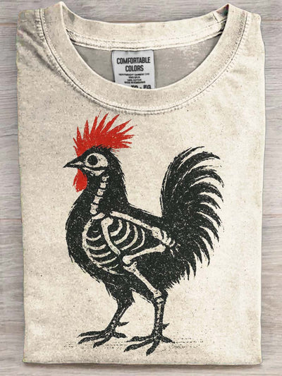 Vintage Rooster Punk Skull Print Casual Short Sleeve T-Shirt