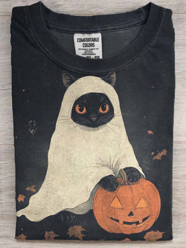 Halloween Fun Spooky Cat Print Casual Short Sleeve T-Shirt