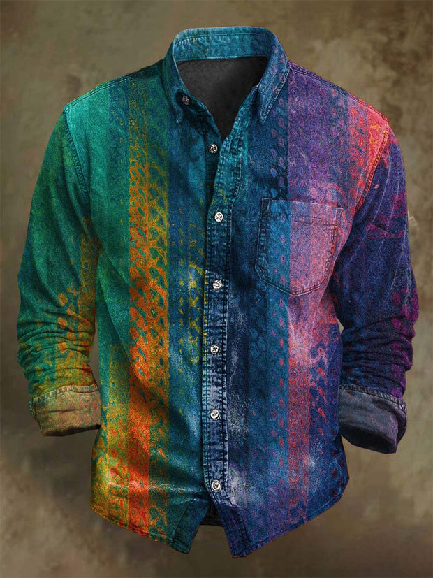 Vintage Color Clash Art Print Casual Long Sleeve Shirt
