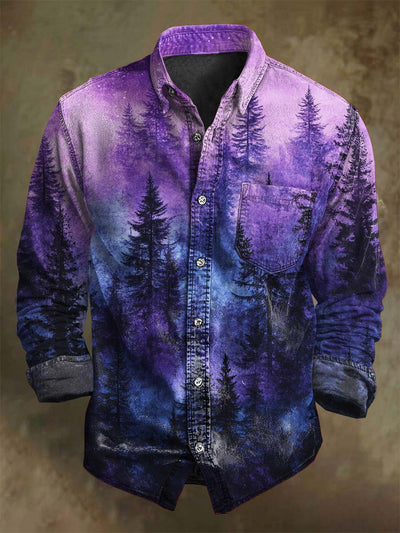 Misty Forest Print Casual Long Sleeve Shirt