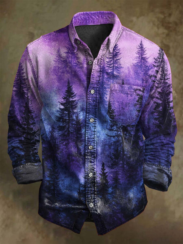 Misty Forest Print Casual Long Sleeve Shirt