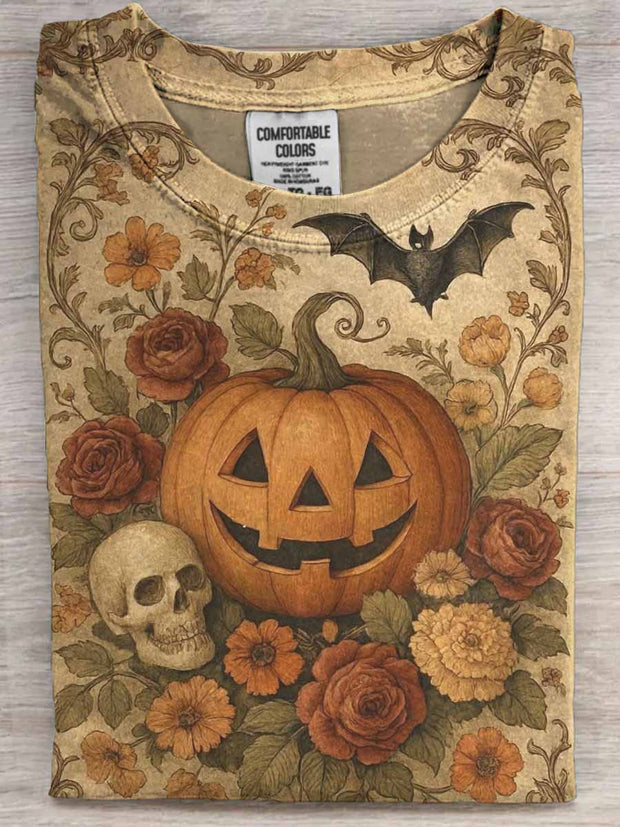Vintage Pumpkin Skull Floral Print Casual Short Sleeve T-Shirt