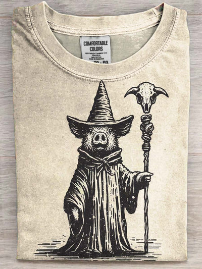 Halloween Fun Pig Wizard Print Casual Short Sleeve T-Shirt