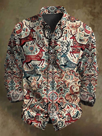 Vintage Jungle Deer Tribal Print Casual Long Sleeve Shirt