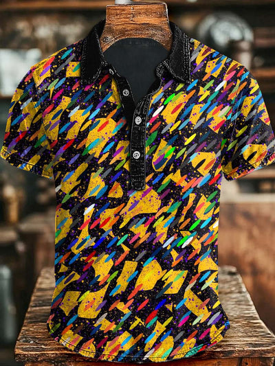Colorful Graffiti Color Block Printing Casual Short Sleeve Polo Shirt