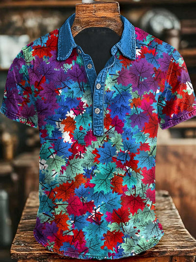 Color-coded Maple Leaf Print Casual Short Sleeve Polo Shirt