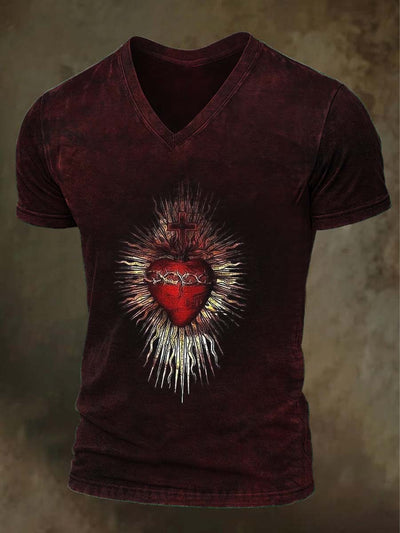 Faith Sacred Heart Printed Casual V-Neck Short Sleeve T-Shirt