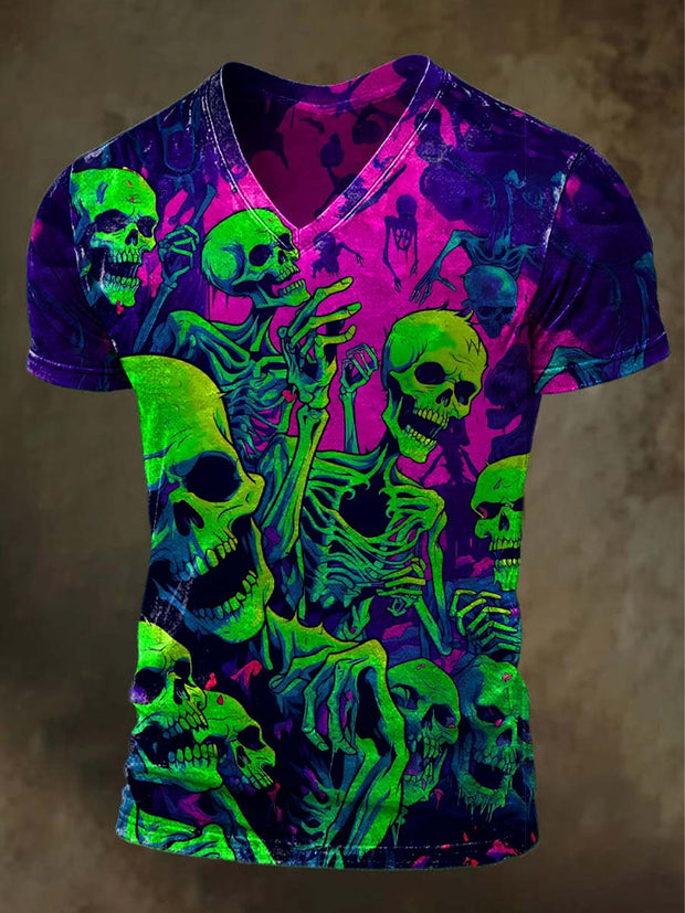 Halloween Skull Print Casual V-Neck Short Sleeve T-Shirt
