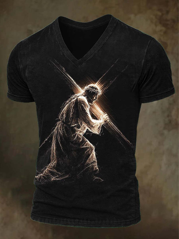 Jesus Cross Print Casual V-Neck Short Sleeve T-Shirt