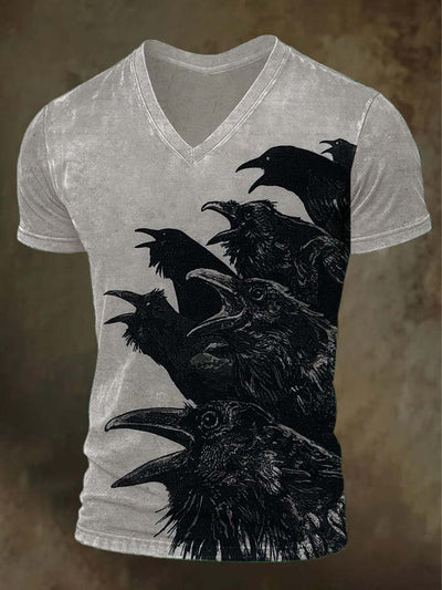 Halloween Raven Print Casual V-Neck Short Sleeve T-Shirt