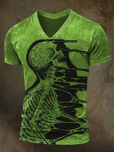Halloween Skull Print Casual V-Neck Short Sleeve T-Shirt