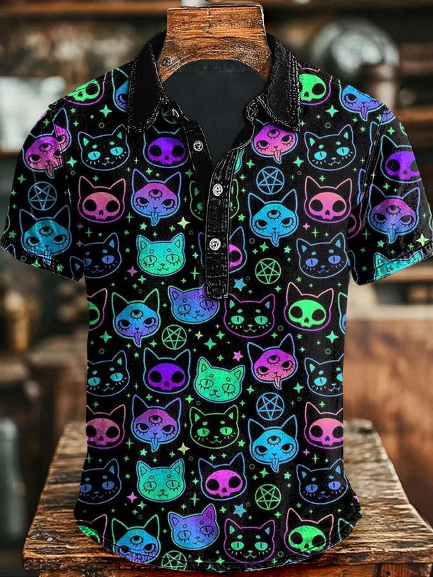 Halloween Cat Print Casual Short Sleeve Polo Shirt
