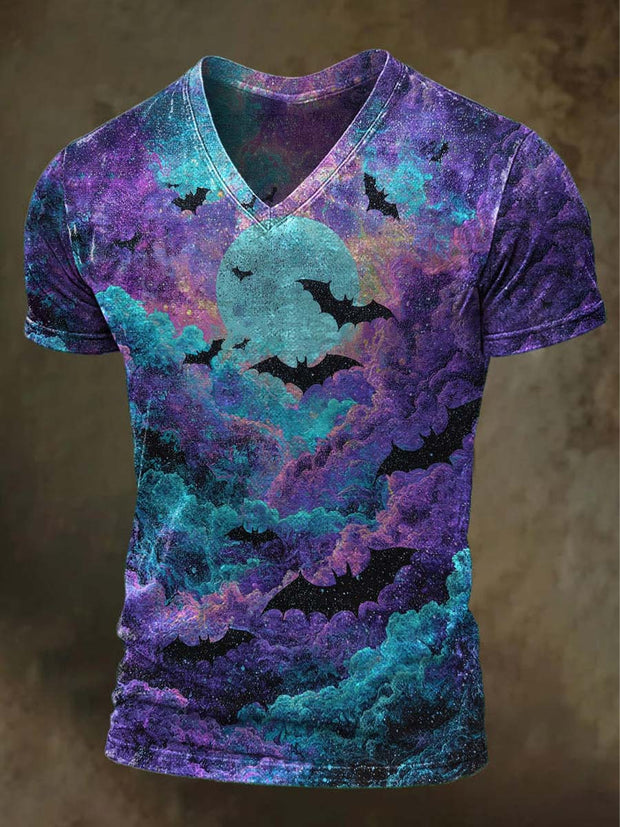 Halloween Midnight Bat Print Casual V-Neck Short Sleeve T-Shirt