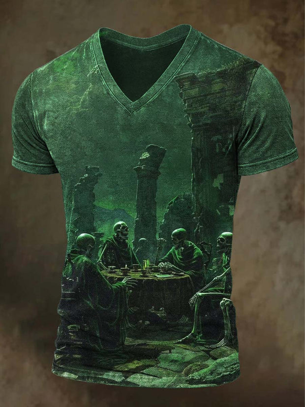 Halloween Skull Print Casual V-Neck Short Sleeve T-Shirt